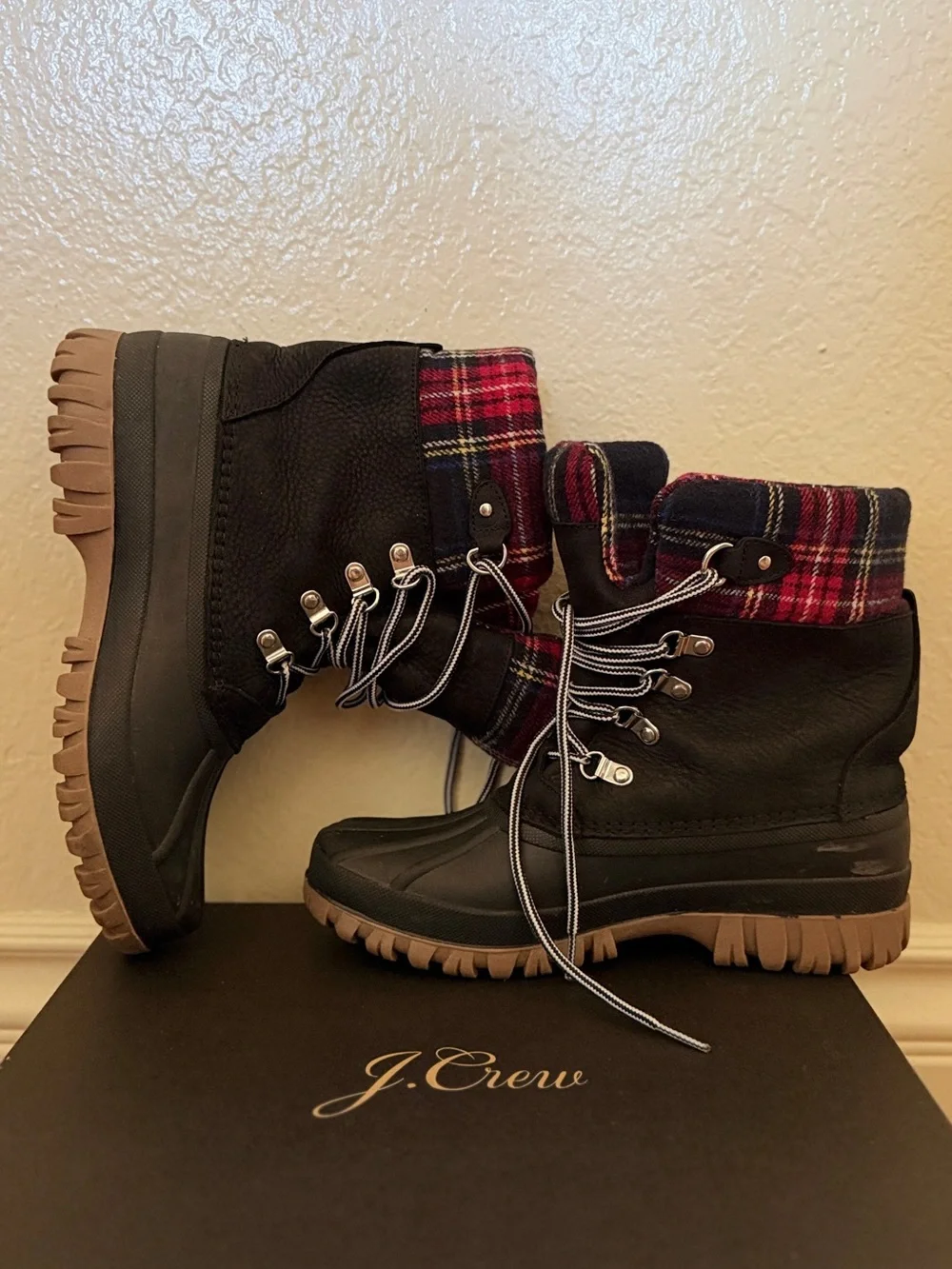 J. Crew Black Lace-Up Ankle Boots with Red Plaid Cuff and Tan Lug Sole